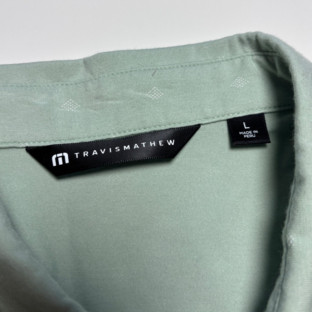 TravisMathew Button Up Golf Shirt Men L Light Green Geometric Print Short Sleeve - Picture 8 of 9
